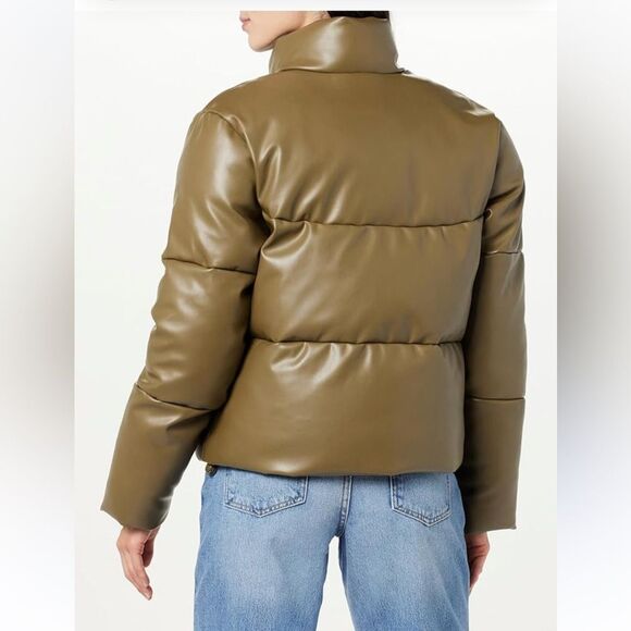 The Drop Women's Priscilla Vegan Leather Puffer, Jacket CAPERS OLIVE, NEW - Picture 2 of 9